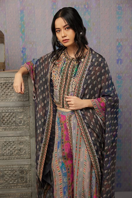 Shop_Soup By Sougat Paul_Multi Color Crepe And Chiffon Ikaya Print & Sequin Round Neck Cape & Palazzo Set _Online_at_Aza_Fashions