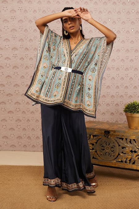 Soup by Sougat Paul Blue Crepe And Embroidery Floral V Neck Kaftan & Palazzo Set 