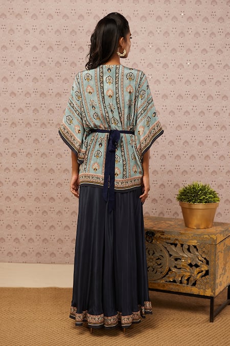 Shop Soup By Sougat Paul Blue Crepe Floral Print, Sarouk Embroidery And Sequin V Neck Kaftan & Palazzo Set at Aza Fashions Shop_Soup By Sougat Paul_Blue Crepe Floral Print, Sarouk Embroidery And Sequin V Neck Kaftan & Palazzo Set _at_Aza_Fashions