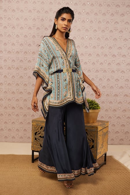 Soup By Sougat Paul Blue Crepe Floral Print, Sarouk Embroidery And Sequin V Neck Kaftan & Palazzo Set Online at Aza Fashions Soup By Sougat Paul_Blue Crepe Floral Print, Sarouk Embroidery And Sequin V Neck Kaftan & Palazzo Set _Online_at_Aza_Fashions