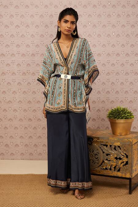 Buy Soup By Sougat Paul Blue Crepe Floral Print, Sarouk Embroidery And Sequin V Neck Kaftan & Palazzo Set Online at Aza Fashions Buy_Soup By Sougat Paul_Blue Crepe Floral Print, Sarouk Embroidery And Sequin V Neck Kaftan & Palazzo Set _Online_at_Aza_Fashions