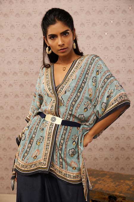 Shop Soup By Sougat Paul Blue Crepe Floral Print, Sarouk Embroidery And Sequin V Neck Kaftan & Palazzo Set Online at Aza Fashions Shop_Soup By Sougat Paul_Blue Crepe Floral Print, Sarouk Embroidery And Sequin V Neck Kaftan & Palazzo Set _Online_at_Aza_Fashions