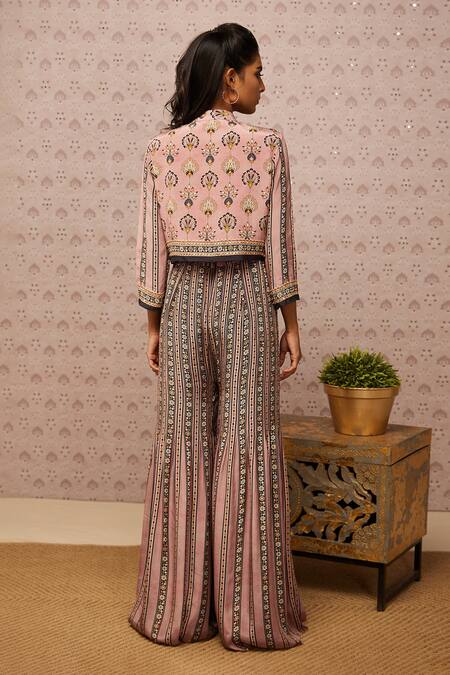 Shop Soup By Sougat Paul Pink Crepe Sarouk Print And Sequin Jacket Band & Jumpsuit Round With at Aza Fashions Shop_Soup By Sougat Paul_Pink Crepe Sarouk Print And Sequin Jacket Band & Jumpsuit Round With _at_Aza_Fashions