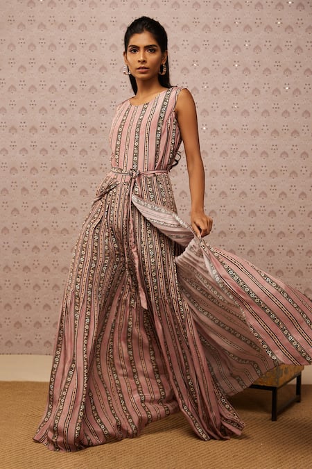 Soup By Sougat Paul Pink Crepe Sarouk Print And Sequin Jacket Band & Jumpsuit Round With Online at Aza Fashions Soup By Sougat Paul_Pink Crepe Sarouk Print And Sequin Jacket Band & Jumpsuit Round With _Online_at_Aza_Fashions