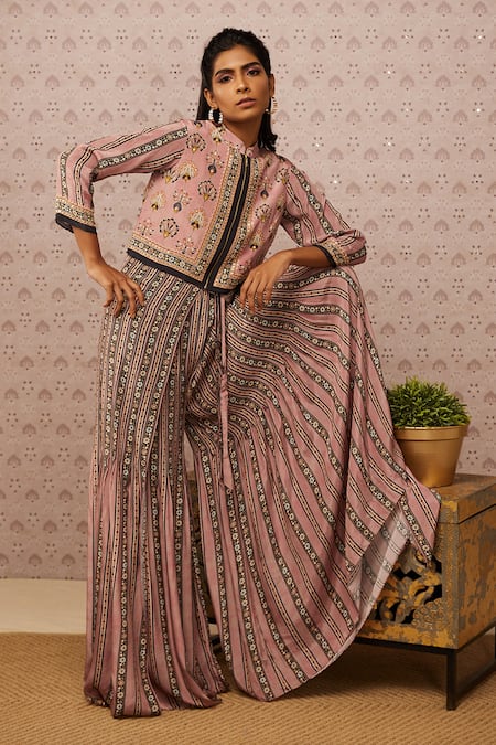 Buy Soup By Sougat Paul Pink Crepe Sarouk Print And Sequin Jacket Band & Jumpsuit Round With Online at Aza Fashions Buy_Soup By Sougat Paul_Pink Crepe Sarouk Print And Sequin Jacket Band & Jumpsuit Round With _Online_at_Aza_Fashions