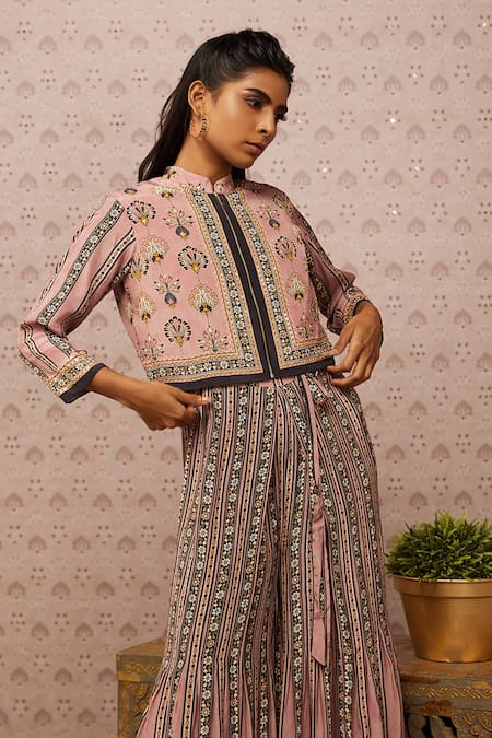 Shop Soup By Sougat Paul Pink Crepe Sarouk Print And Sequin Jacket Band & Jumpsuit Round With Online at Aza Fashions Shop_Soup By Sougat Paul_Pink Crepe Sarouk Print And Sequin Jacket Band & Jumpsuit Round With _Online_at_Aza_Fashions