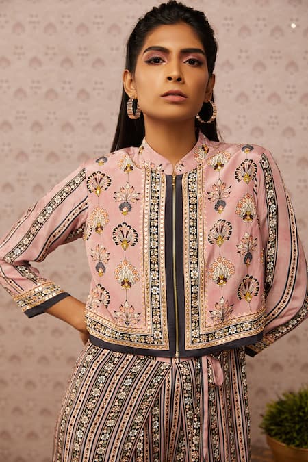 Soup By Sougat Paul Pink Crepe Sarouk Print And Sequin Jacket Band & Jumpsuit Round With at Aza Fashions Soup By Sougat Paul_Pink Crepe Sarouk Print And Sequin Jacket Band & Jumpsuit Round With _at_Aza_Fashions