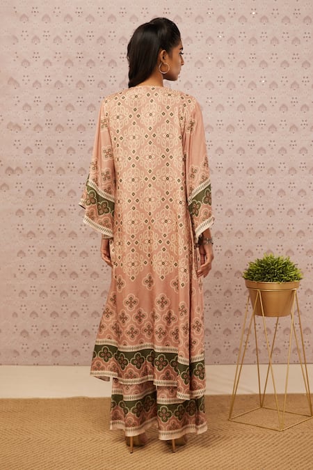 Shop Soup By Sougat Paul Peach And Cotton Bandhej Print Round Jacket & Palazzo Set at Aza Fashions Shop_Soup By Sougat Paul_Peach And Cotton Bandhej Print Round Jacket & Palazzo Set _at_Aza_Fashions