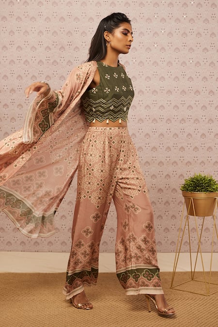 Soup By Sougat Paul Peach And Cotton Bandhej Print Round Jacket & Palazzo Set Online at Aza Fashions Soup By Sougat Paul_Peach And Cotton Bandhej Print Round Jacket & Palazzo Set _Online_at_Aza_Fashions