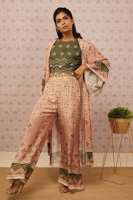 Buy Soup By Sougat Paul Peach And Cotton Bandhej Print Round Jacket & Palazzo Set Online at Aza Fashions Buy_Soup By Sougat Paul_Peach And Cotton Bandhej Print Round Jacket & Palazzo Set _Online_at_Aza_Fashions
