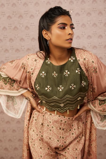 Shop Soup By Sougat Paul Peach And Cotton Bandhej Print Round Jacket & Palazzo Set Online at Aza Fashions Shop_Soup By Sougat Paul_Peach And Cotton Bandhej Print Round Jacket & Palazzo Set _Online_at_Aza_Fashions