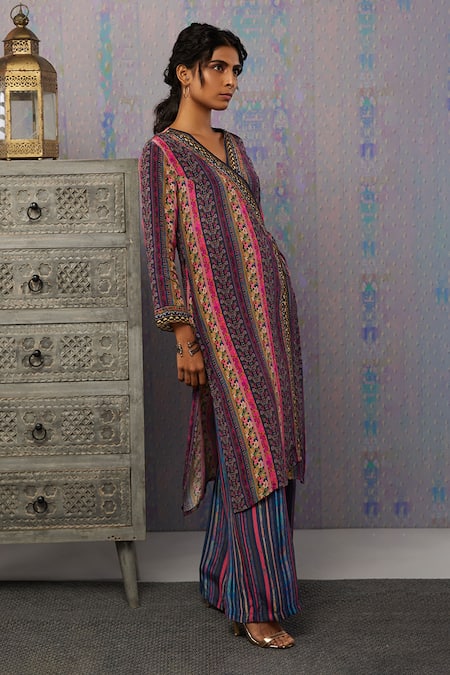Soup By Sougat Paul_Multi Color Crepe Floral, Ikaya V Neck Print Angrakha And Pant Set _Online_at_Aza_Fashions
