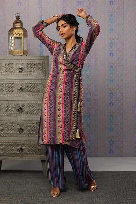 Buy_Soup By Sougat Paul_Multi Color Crepe Floral, Ikaya V Neck Print Angrakha And Pant Set _Online_at_Aza_Fashions