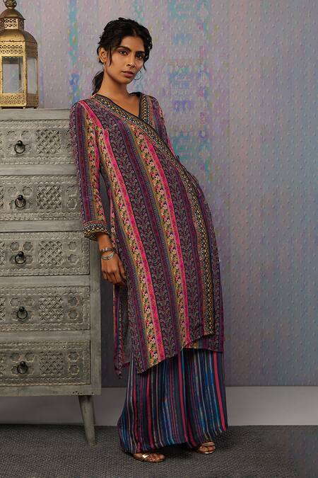 Shop_Soup By Sougat Paul_Multi Color Crepe Floral, Ikaya V Neck Print Angrakha And Pant Set _Online_at_Aza_Fashions