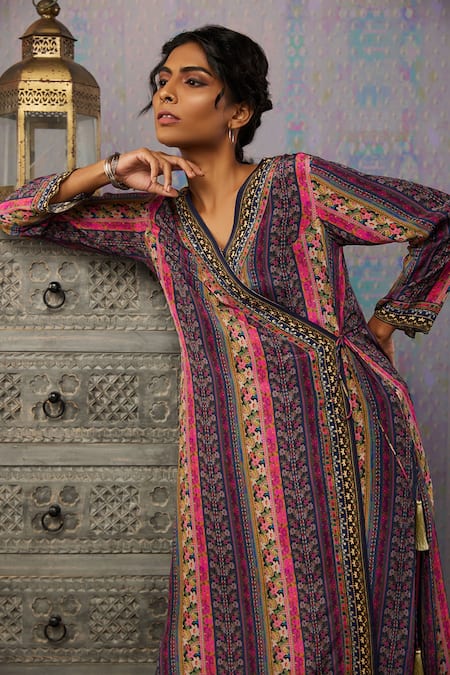 Soup By Sougat Paul_Multi Color Crepe Floral, Ikaya V Neck Print Angrakha And Pant Set _at_Aza_Fashions