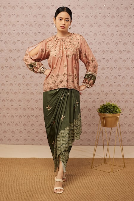 Soup By Sougat Paul Pink Silk Bandhej Round Printed Top And Draped Skirt Set 
