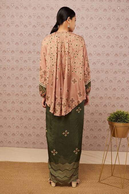 Shop Soup By Sougat Paul Pink Silk Bandhej Round Printed Top And Draped Skirt Set at Aza Fashions Shop_Soup By Sougat Paul_Pink Silk Bandhej Round Printed Top And Draped Skirt Set _at_Aza_Fashions