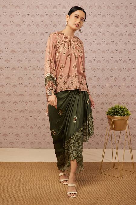 Soup By Sougat Paul Pink Silk Bandhej Round Printed Top And Draped Skirt Set Online at Aza Fashions Soup By Sougat Paul_Pink Silk Bandhej Round Printed Top And Draped Skirt Set _Online_at_Aza_Fashions