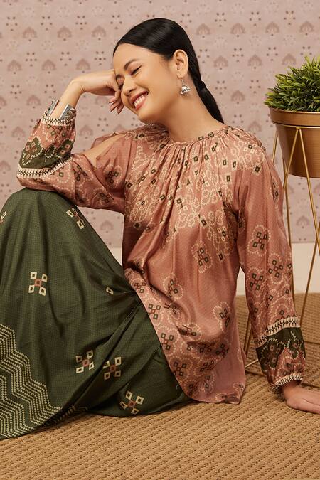 Shop Soup By Sougat Paul Pink Silk Bandhej Round Printed Top And Draped Skirt Set Online at Aza Fashions Shop_Soup By Sougat Paul_Pink Silk Bandhej Round Printed Top And Draped Skirt Set _Online_at_Aza_Fashions