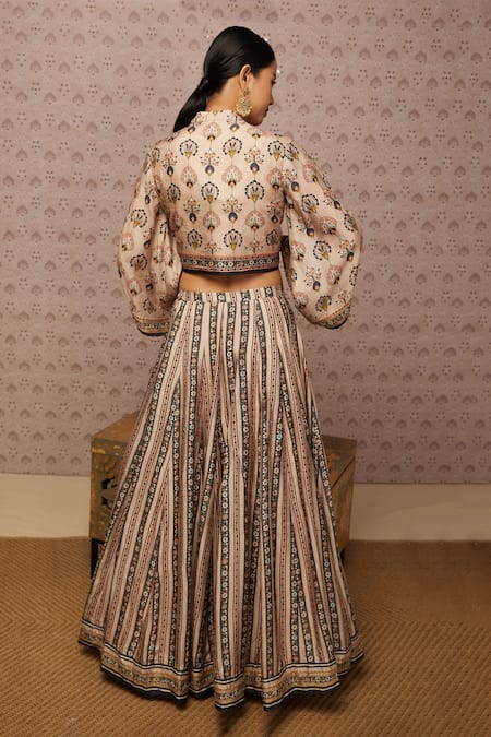 Shop Soup By Sougat Paul Beige Silk Floral, Sarouk Crop Top Sweetheart Neck, Embroidered Lehenga Set at Aza Fashions Shop_Soup By Sougat Paul_Beige Silk Floral, Sarouk Crop Top Sweetheart Neck, Embroidered Lehenga Set _at_Aza_Fashions