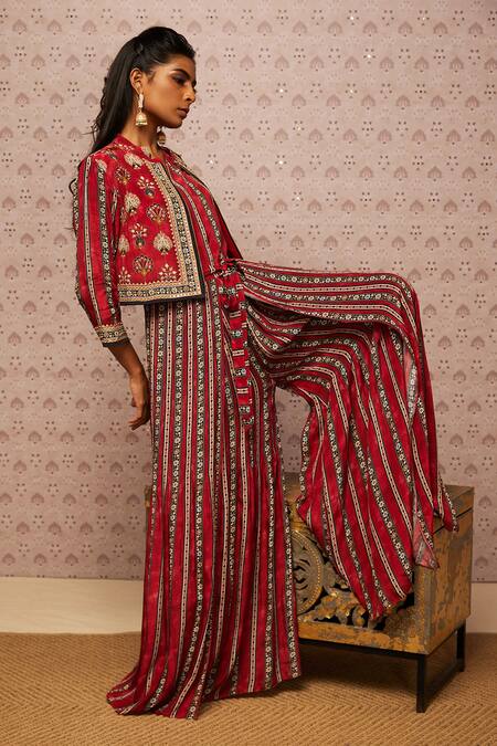 Soup By Sougat Paul_Red Crepe Floral, Sarouk Jacket Mandarin Collar, Jumpsuit Round With Printed _Online_at_Aza_Fashions