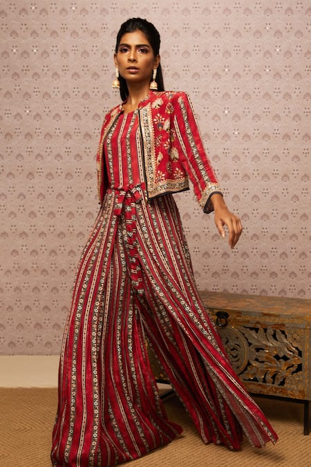 Buy_Soup By Sougat Paul_Red Crepe Floral, Sarouk Jacket Mandarin Collar, Jumpsuit Round With Printed _Online_at_Aza_Fashions