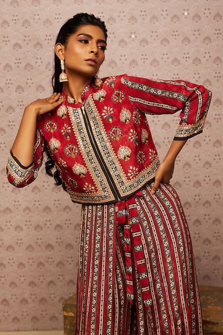 Shop_Soup By Sougat Paul_Red Crepe Floral, Sarouk Jacket Mandarin Collar, Jumpsuit Round With Printed _Online_at_Aza_Fashions