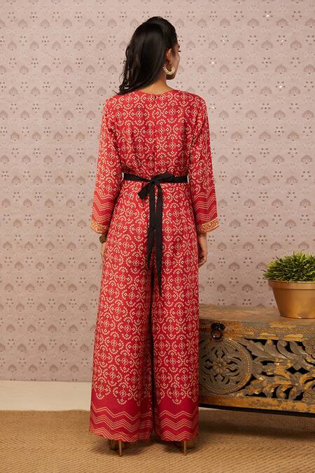 Shop Soup By Sougat Paul Red Satin Bandhej V Neck Print Jumpsuit at Aza Fashions Shop_Soup By Sougat Paul_Red Satin Bandhej V Neck Print Jumpsuit _at_Aza_Fashions
