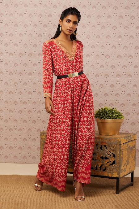 Soup By Sougat Paul Red Satin Bandhej V Neck Print Jumpsuit Online at Aza Fashions Soup By Sougat Paul_Red Satin Bandhej V Neck Print Jumpsuit _Online_at_Aza_Fashions