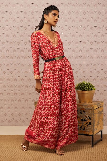 Buy Soup By Sougat Paul Red Satin Bandhej V Neck Print Jumpsuit Online at Aza Fashions Buy_Soup By Sougat Paul_Red Satin Bandhej V Neck Print Jumpsuit _Online_at_Aza_Fashions