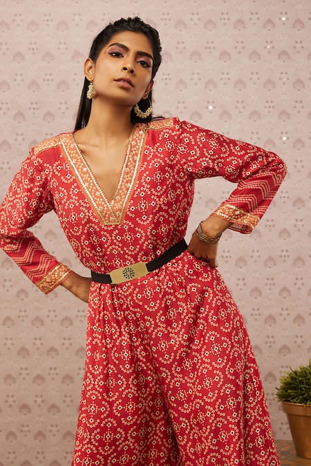 Shop Soup By Sougat Paul Red Satin Bandhej V Neck Print Jumpsuit Online at Aza Fashions Shop_Soup By Sougat Paul_Red Satin Bandhej V Neck Print Jumpsuit _Online_at_Aza_Fashions