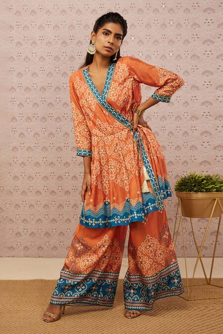 Soup By Sougat Paul_Orange Cotton Silk Bandhej V Neck Printed Kurta And Pant Set _Online_at_Aza_Fashions