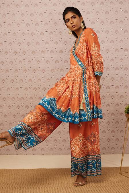 Buy_Soup By Sougat Paul_Orange Cotton Silk Bandhej V Neck Printed Kurta And Pant Set _Online_at_Aza_Fashions