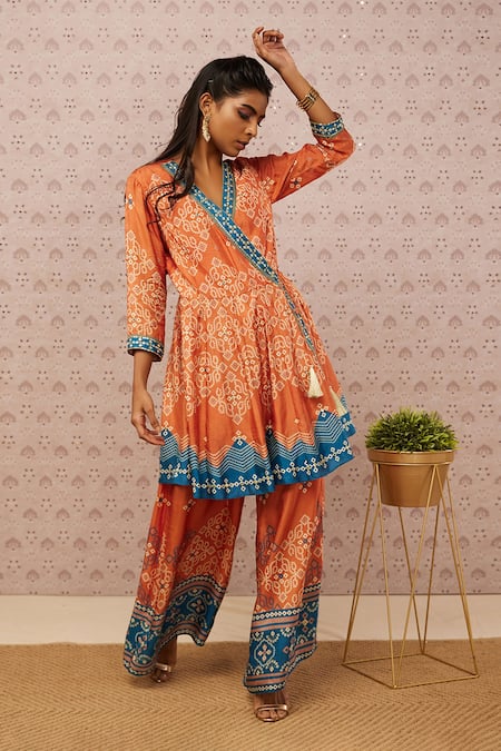 Shop_Soup By Sougat Paul_Orange Cotton Silk Bandhej V Neck Printed Kurta And Pant Set _Online_at_Aza_Fashions