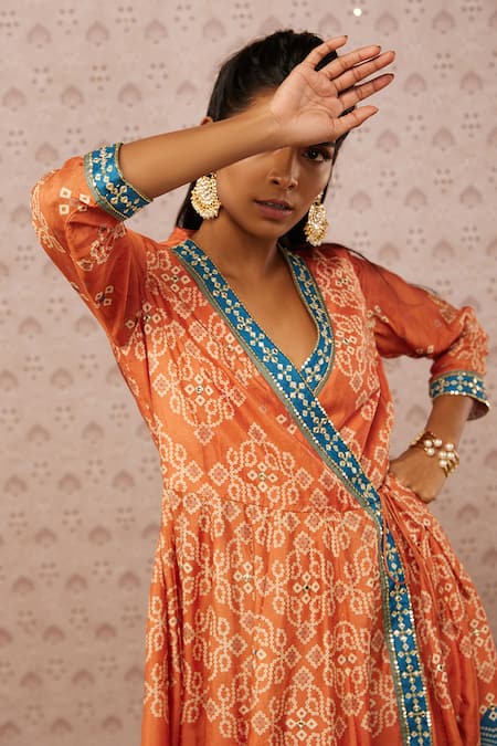 Soup By Sougat Paul_Orange Cotton Silk Bandhej V Neck Printed Kurta And Pant Set _at_Aza_Fashions
