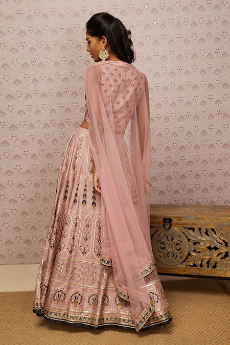 Shop_Soup By Sougat Paul_Pink Silk, Cape Net Floral, Sarouk Crop Top Round, Embroidered Lehenga Set _at_Aza_Fashions