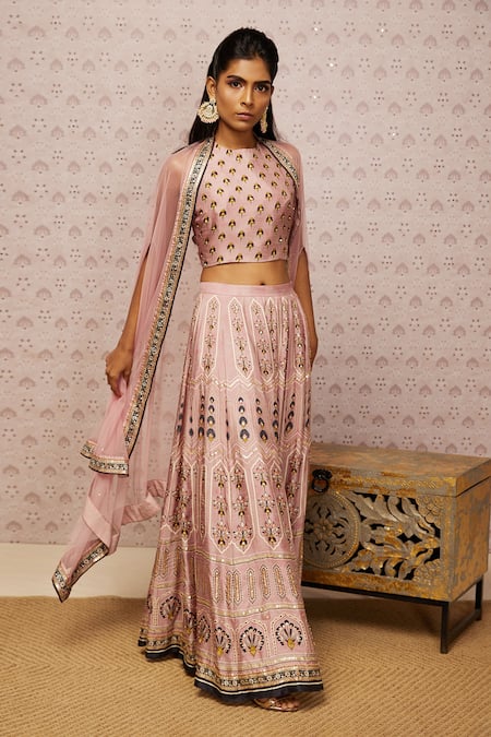 Soup By Sougat Paul_Pink Silk, Cape Net Floral, Sarouk Crop Top Round, Embroidered Lehenga Set _Online_at_Aza_Fashions