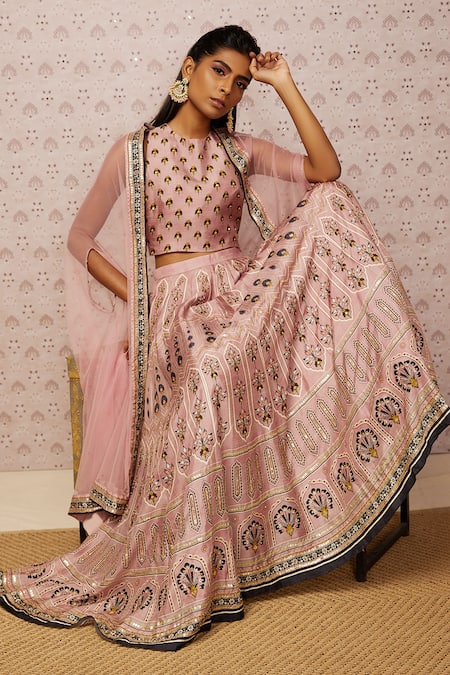 Shop_Soup By Sougat Paul_Pink Silk, Cape Net Floral, Sarouk Crop Top Round, Embroidered Lehenga Set _Online_at_Aza_Fashions