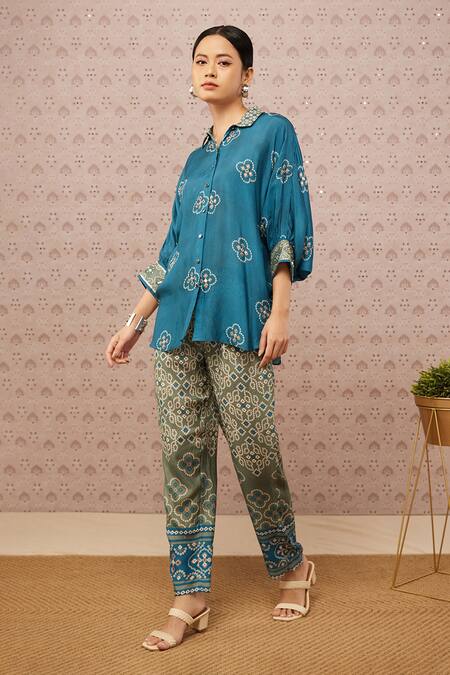 Soup By Sougat Paul Green Cotton Silk Bandhej Shirt Collar Print Top And Pant Set Online at Aza Fashions Soup By Sougat Paul_Green Cotton Silk Bandhej Shirt Collar Print Top And Pant Set _Online_at_Aza_Fashions