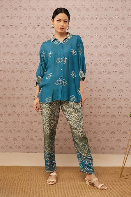 Buy Soup By Sougat Paul Green Cotton Silk Bandhej Shirt Collar Print Top And Pant Set Online at Aza Fashions Buy_Soup By Sougat Paul_Green Cotton Silk Bandhej Shirt Collar Print Top And Pant Set _Online_at_Aza_Fashions