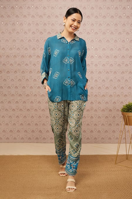 Shop Soup By Sougat Paul Green Cotton Silk Bandhej Shirt Collar Print Top And Pant Set Online at Aza Fashions Shop_Soup By Sougat Paul_Green Cotton Silk Bandhej Shirt Collar Print Top And Pant Set _Online_at_Aza_Fashions