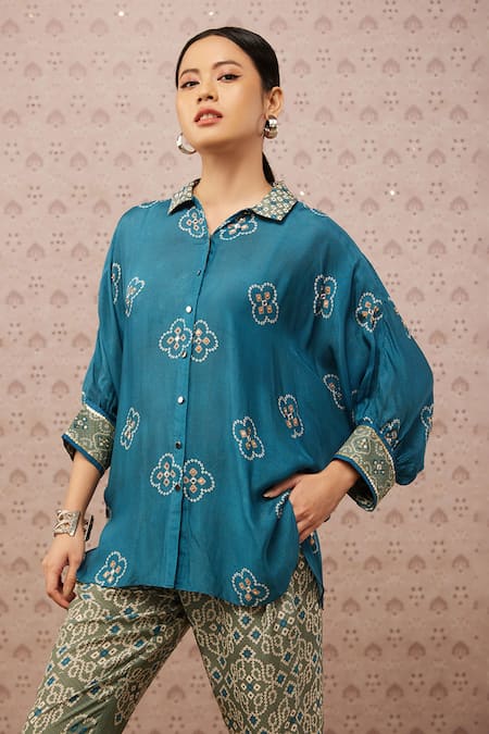 Soup By Sougat Paul Green Cotton Silk Bandhej Shirt Collar Print Top And Pant Set at Aza Fashions Soup By Sougat Paul_Green Cotton Silk Bandhej Shirt Collar Print Top And Pant Set _at_Aza_Fashions