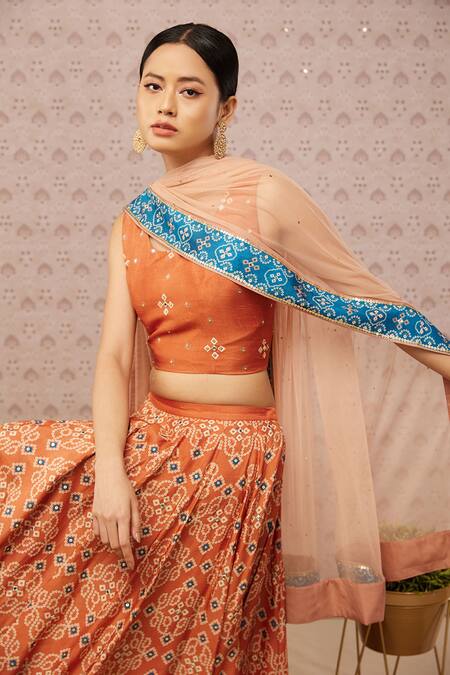 Buy_Soup By Sougat Paul_Orange Dupatta Net, Lehenga And Blouse Silk Bandhej Round Print Set _Online_at_Aza_Fashions