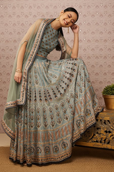 Buy Soup By Sougat Paul Blue Silk, Cape Net Floral, Sarouk Crop Top Round, Embroidered Lehenga Set Online at Aza Fashions Buy_Soup By Sougat Paul_Blue Silk, Cape Net Floral, Sarouk Crop Top Round, Embroidered Lehenga Set _Online_at_Aza_Fashions