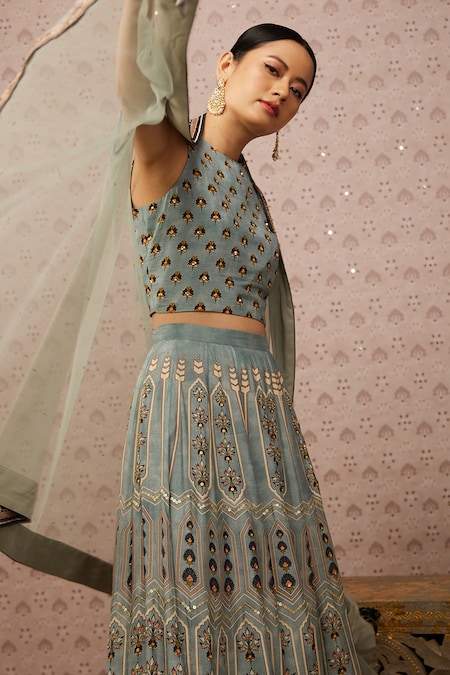 Buy Blue Silk And Embroidery Sarouk & Sequin Jacket Lehenga Set For Women  by Soup by Sougat Paul Online at Aza Fashions.