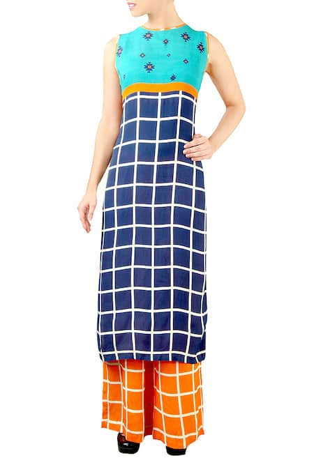 Soup by Sougat Paul Blue & orange chequered kurta set 