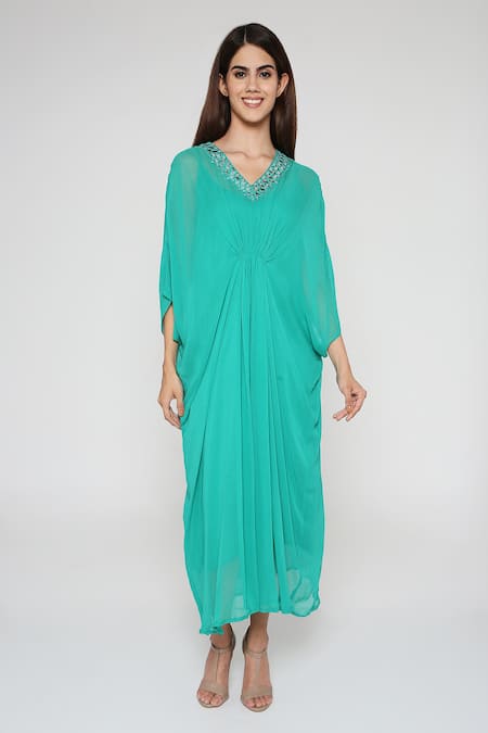 Buy Bha Sha Green Georgette Mirrors V-neck Sparkle Embroidered Kaftan With Inner Online at Aza Fashions Buy_Bha Sha_Green Georgette Mirrors V-neck Sparkle Embroidered Kaftan With Inner _Online_at_Aza_Fashions