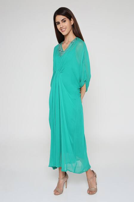 Bha Sha Green Georgette Mirrors V-neck Sparkle Embroidered Kaftan With Inner Online at Aza Fashions Bha Sha_Green Georgette Mirrors V-neck Sparkle Embroidered Kaftan With Inner _Online_at_Aza_Fashions
