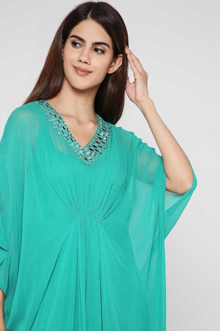 Shop Bha Sha Green Georgette Mirrors V-neck Sparkle Embroidered Kaftan With Inner Online at Aza Fashions Shop_Bha Sha_Green Georgette Mirrors V-neck Sparkle Embroidered Kaftan With Inner _Online_at_Aza_Fashions