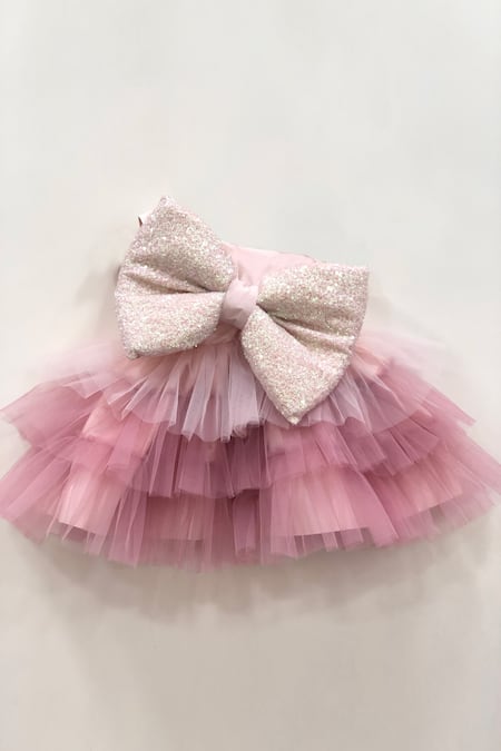 Coco_Pink Taffeta, Tulle Bows One Shoulder Layered Dress_Online_at_Aza_Fashions